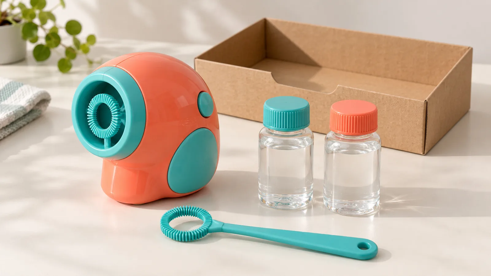 Brinquedo bolha, varinha separada e frascos de solução tampados dispostos para ilustrar componentes e rotas de enchimento