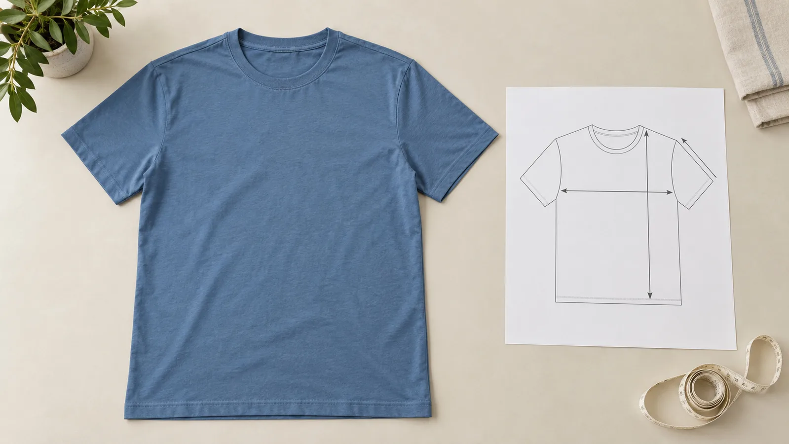 Camiseta lisa colocada ao lado de um esboço de medidas de roupa
