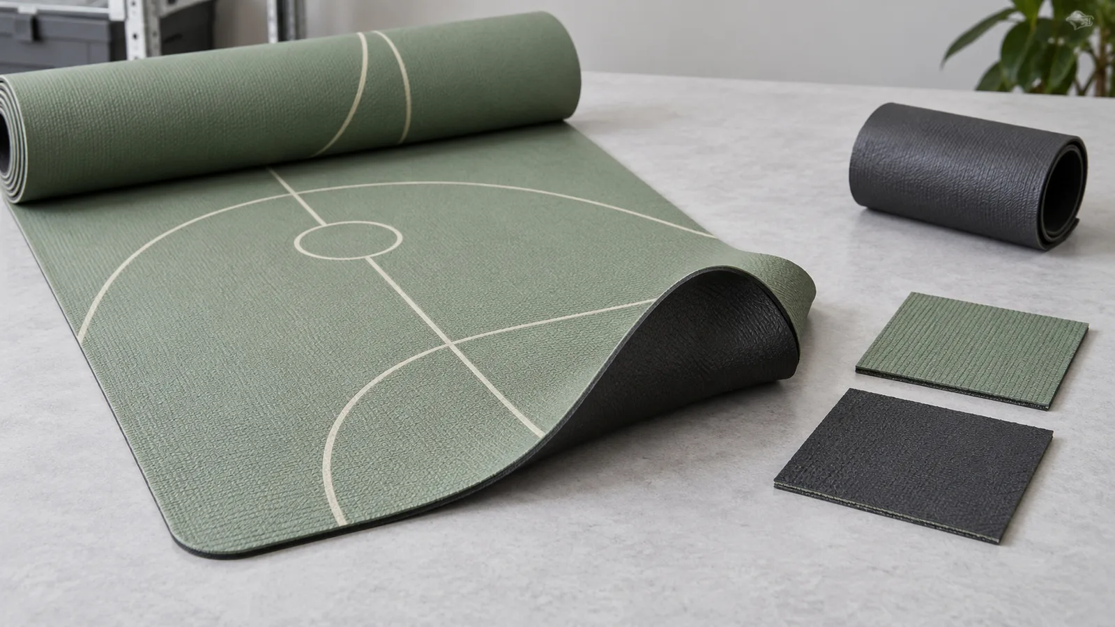 Tapete de ioga impresso e amostras separadas de material base organizadas para ilustrar uma rota de fabricação