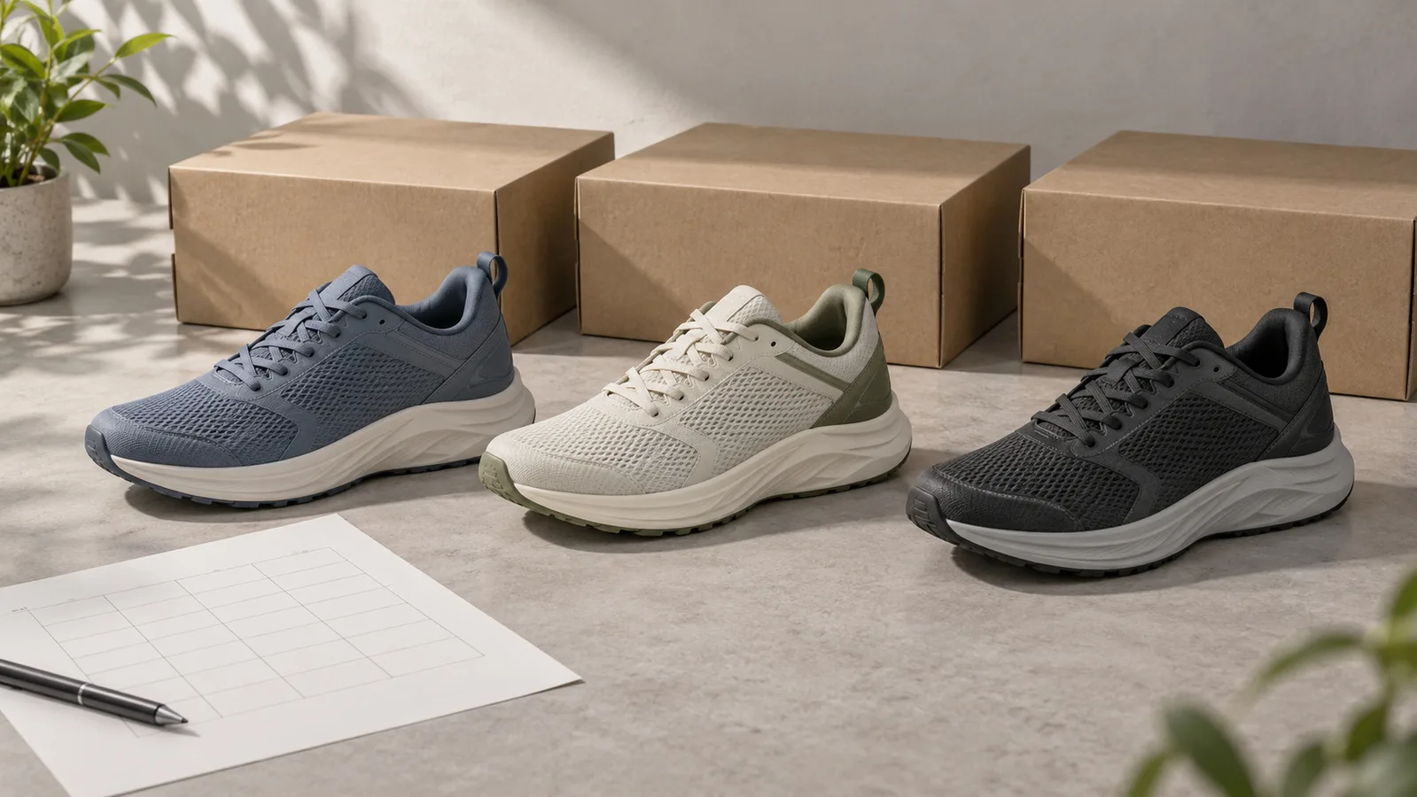Amostras de cores de tênis de corrida sem marca ao lado de caixas de sapatos simples