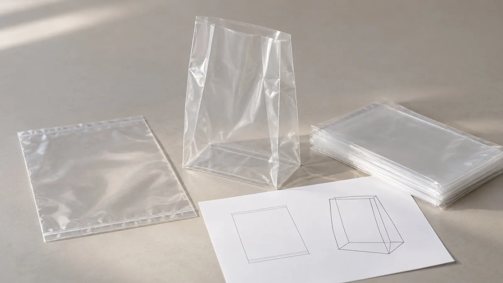 Amostras transparentes de sacos plásticos planos e com reforço lateral ao lado de um desenho de formato simples