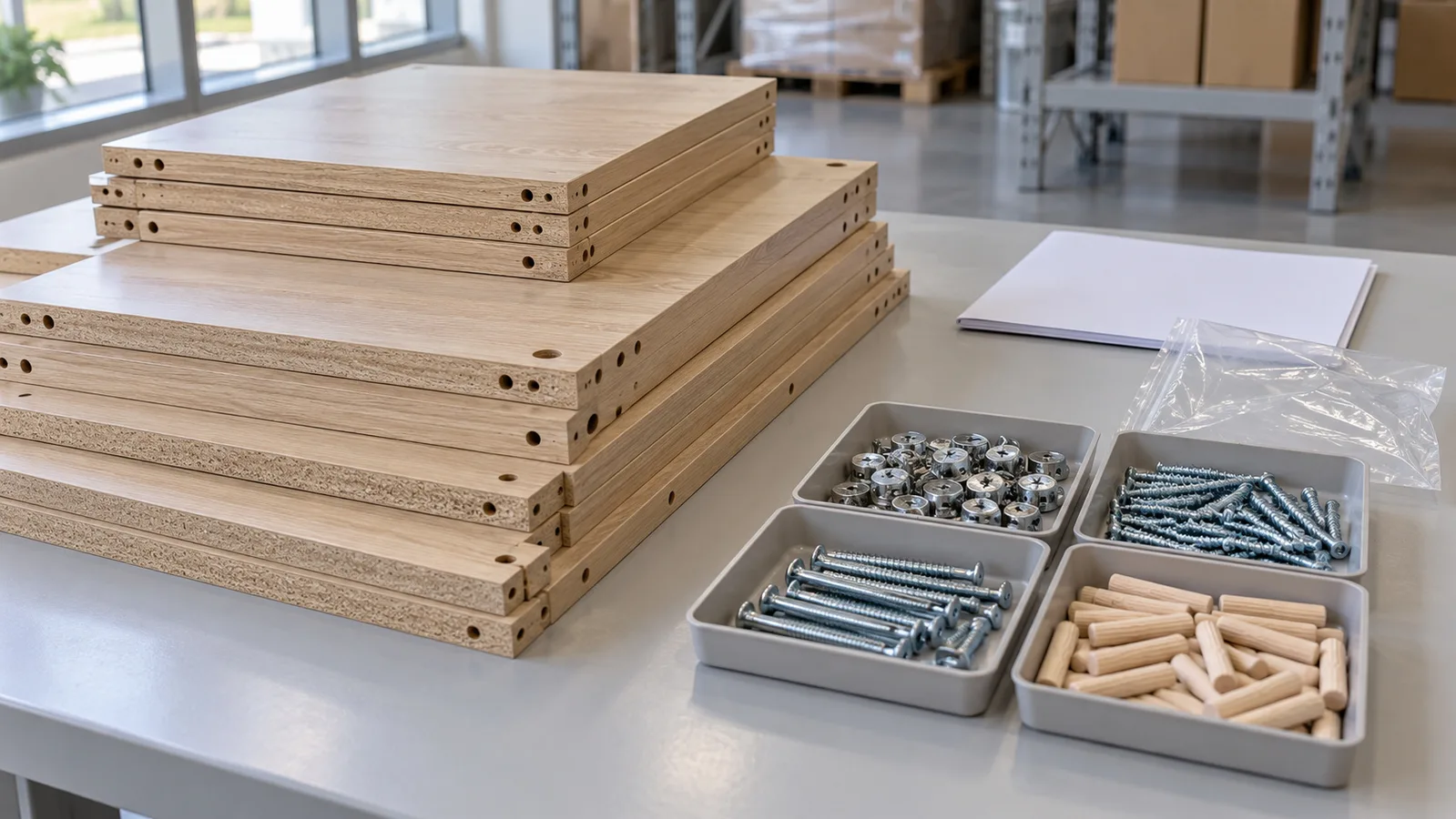 Painéis de gabinete de embalagem plana com hardware classificado e uma pasta de instruções simples em uma mesa de inspeção