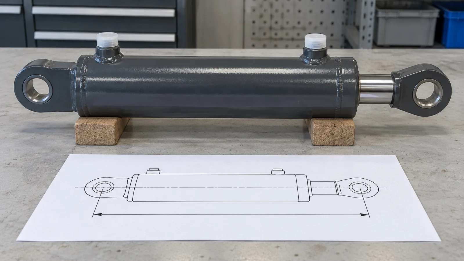 Cilindro hidráulico não instalado com portas protegidas ao lado de um desenho esquemático de montagem