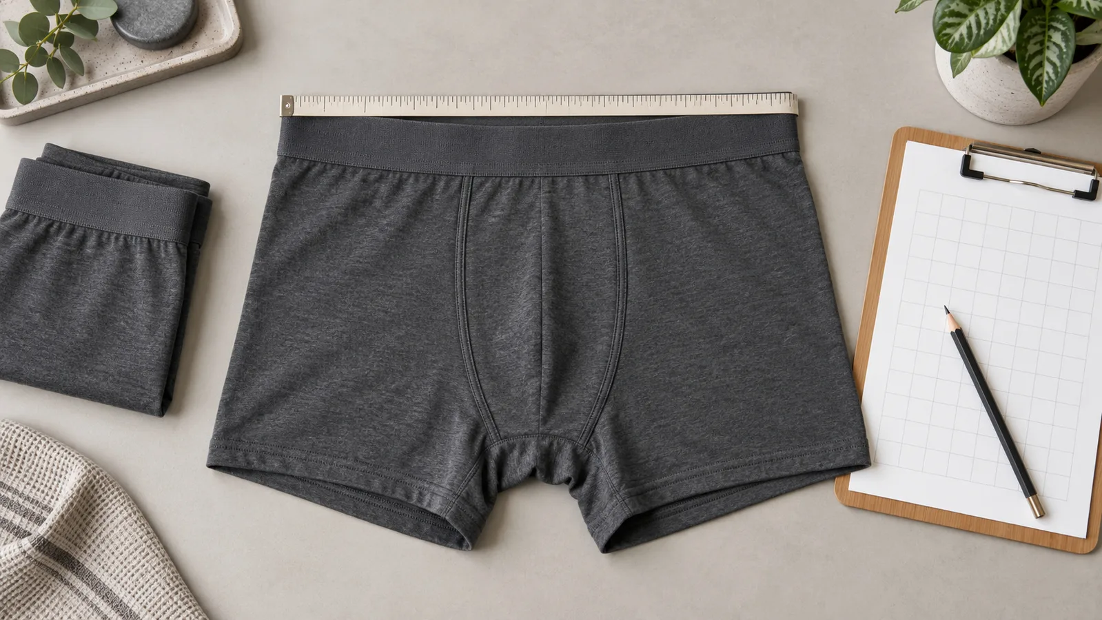 Roupa íntima colocada ao lado de uma fita métrica e um registro de medição em branco para ilustração