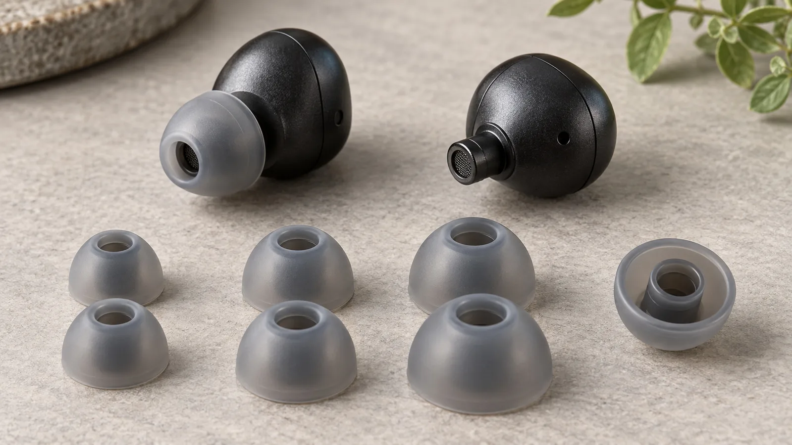 Fones de ouvido Bluetooth e pontas de silicone separadas mostrando suas saias e coleiras de fixação