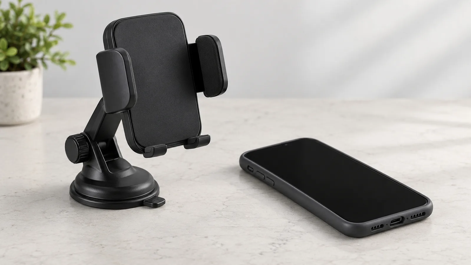 Suporte genérico para telefone tipo pinça em uma mesa neutra de análise de amostras ao lado de um telefone sem marca