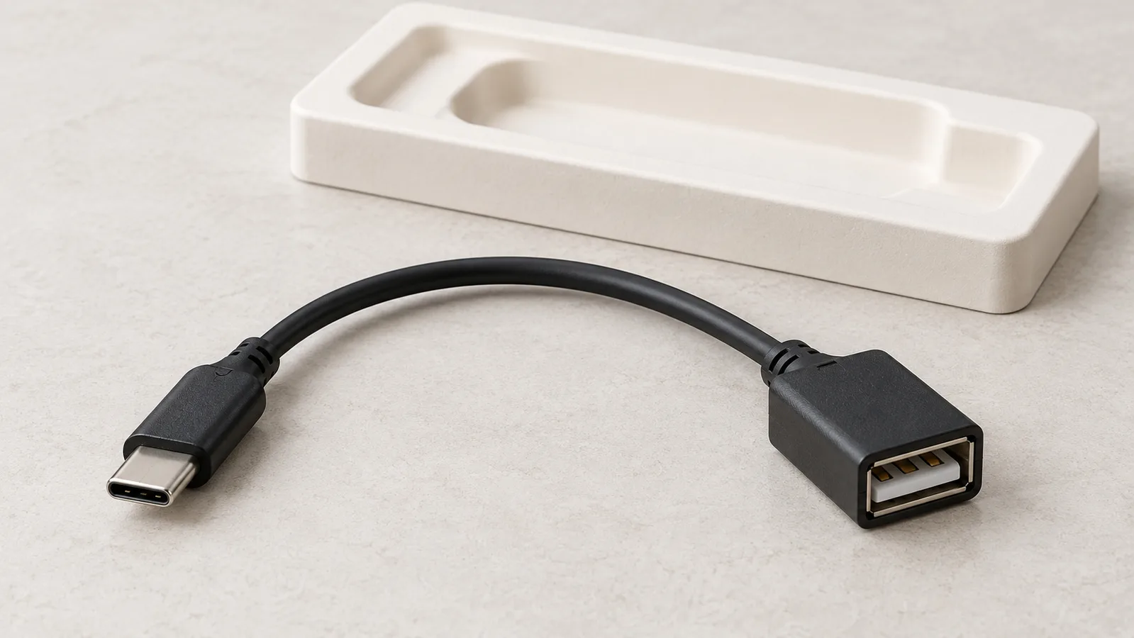 Um cabo adaptador USB genérico com ambas as extremidades do conector visíveis em uma superfície de inspeção neutra