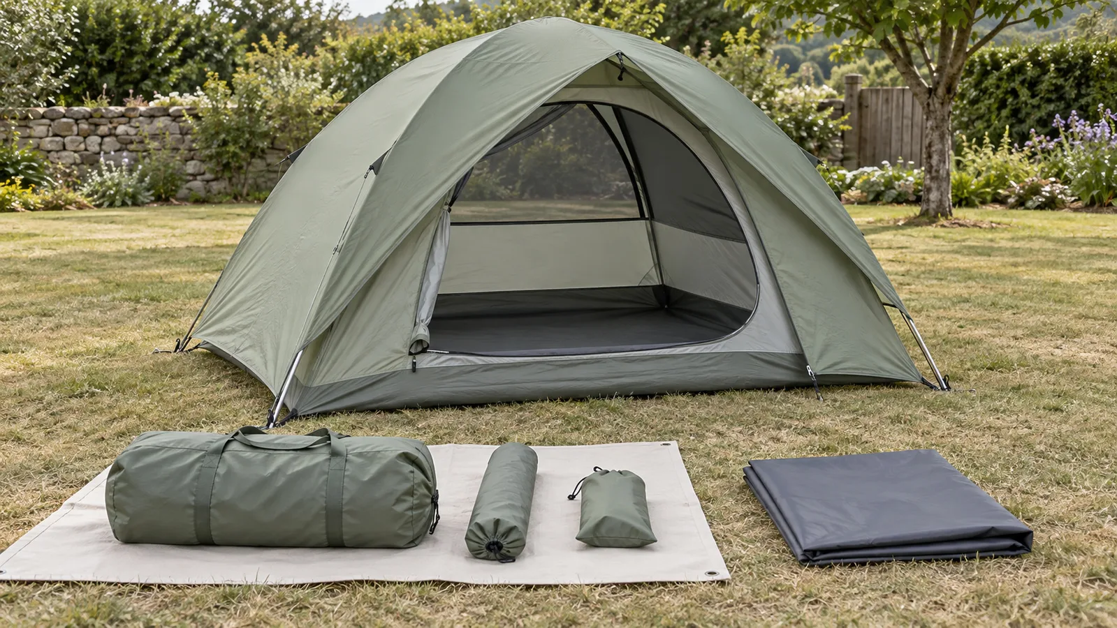 Tenda de cúpula verde-sálvia e sua bolsa de transporte e acessórios bem organizados