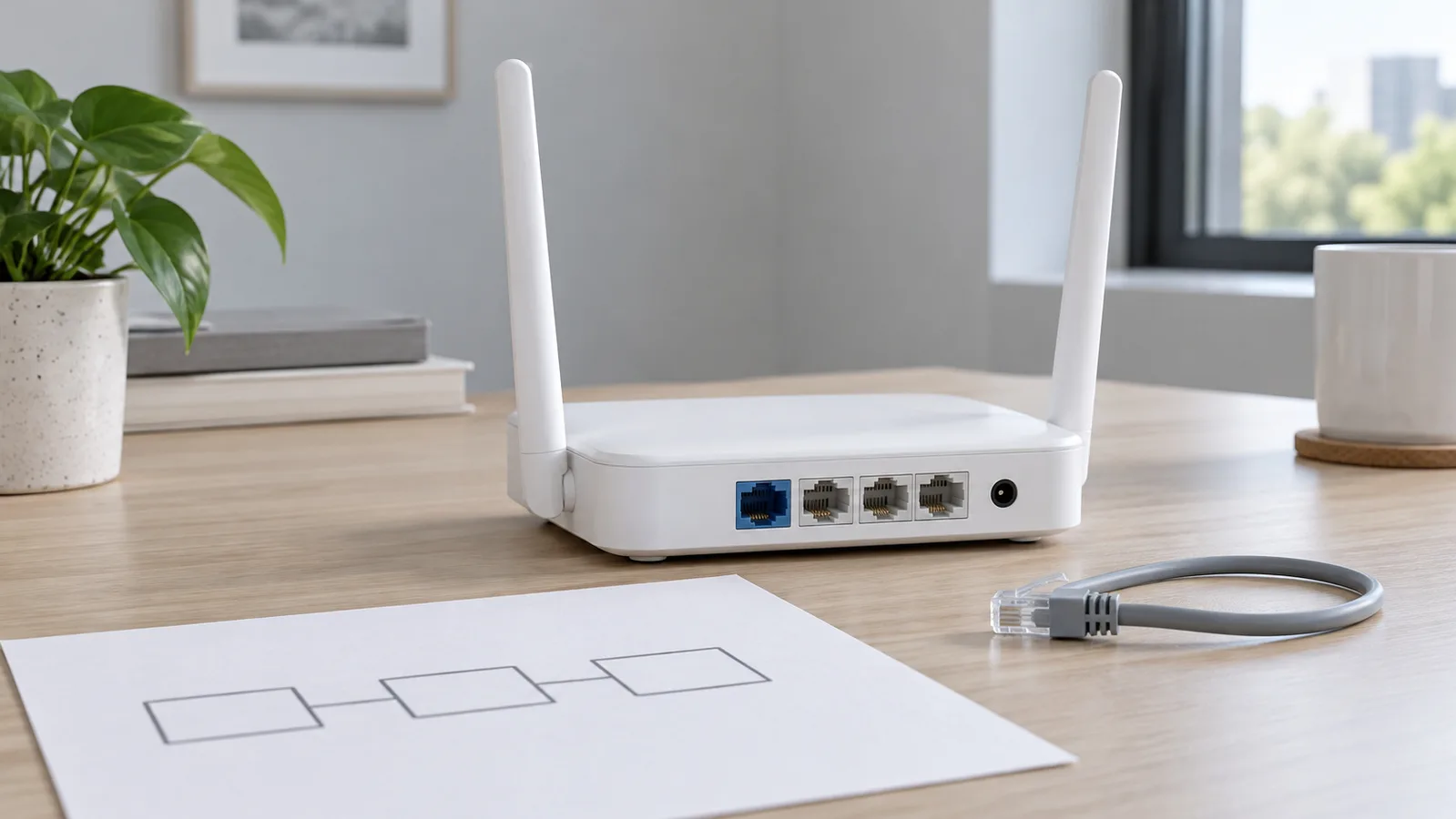 Roteador Wi-Fi de mesa branco sem marca com portas Ethernet traseiras visíveis ao lado de um simples esboço de rede