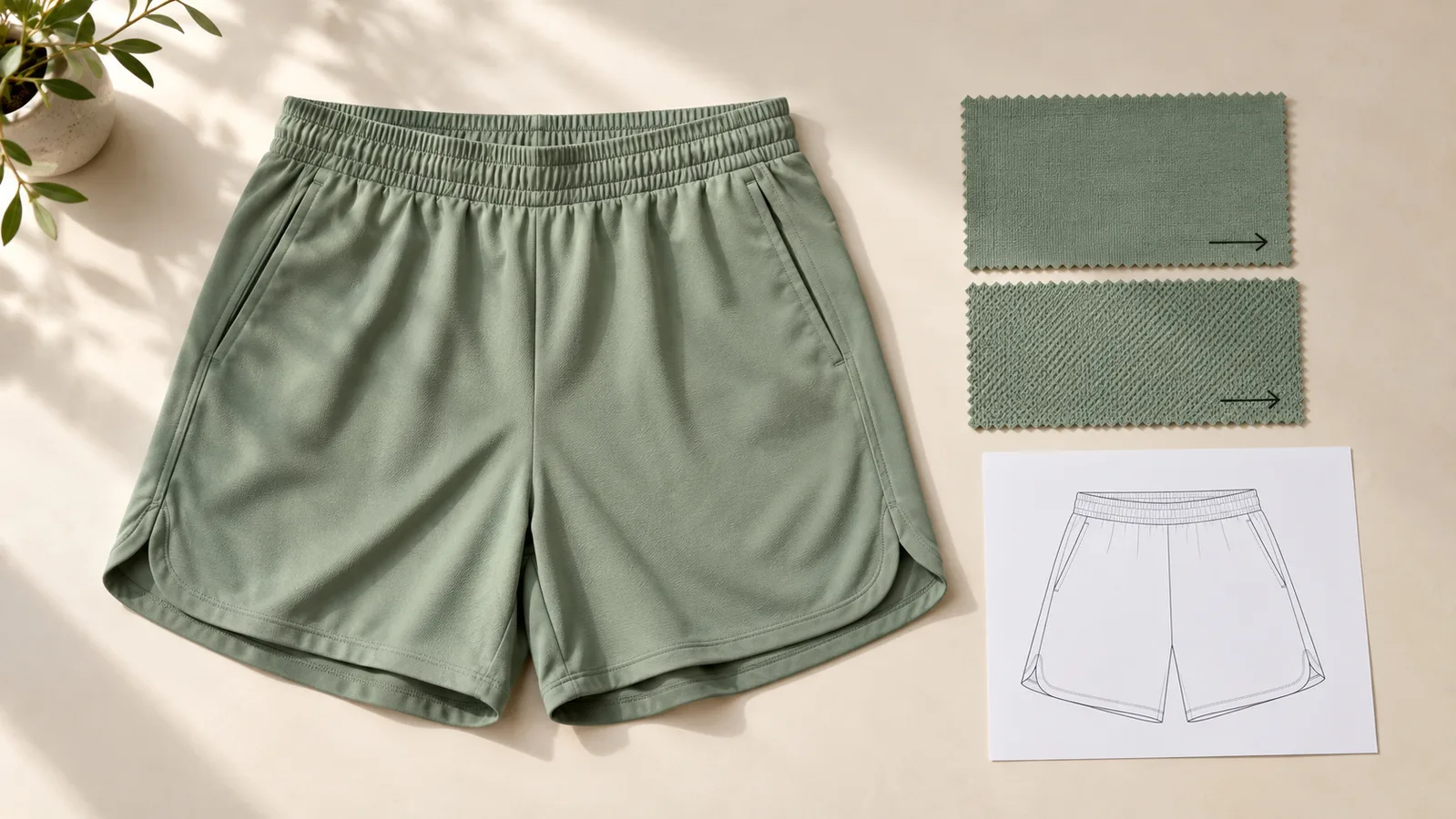 Amostra de shorts esportivos ao lado de amostras de tecido com direção marcada e um esboço de painel