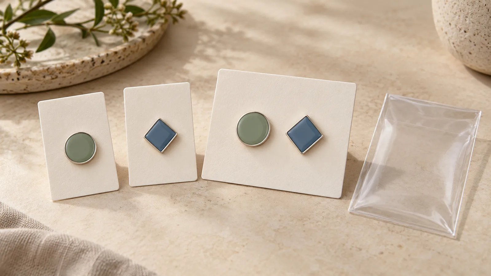 Crachás geométricos de esmalte montados em cartões de exibição simples ao lado de um conjunto de dois crachás