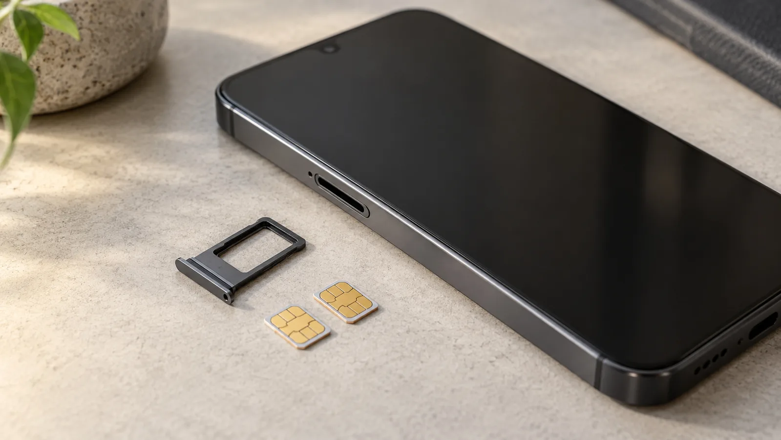 Smartphone sem marca ao lado de uma bandeja SIM separada e dois cartões SIM, ilustrando suporte para cartão físico